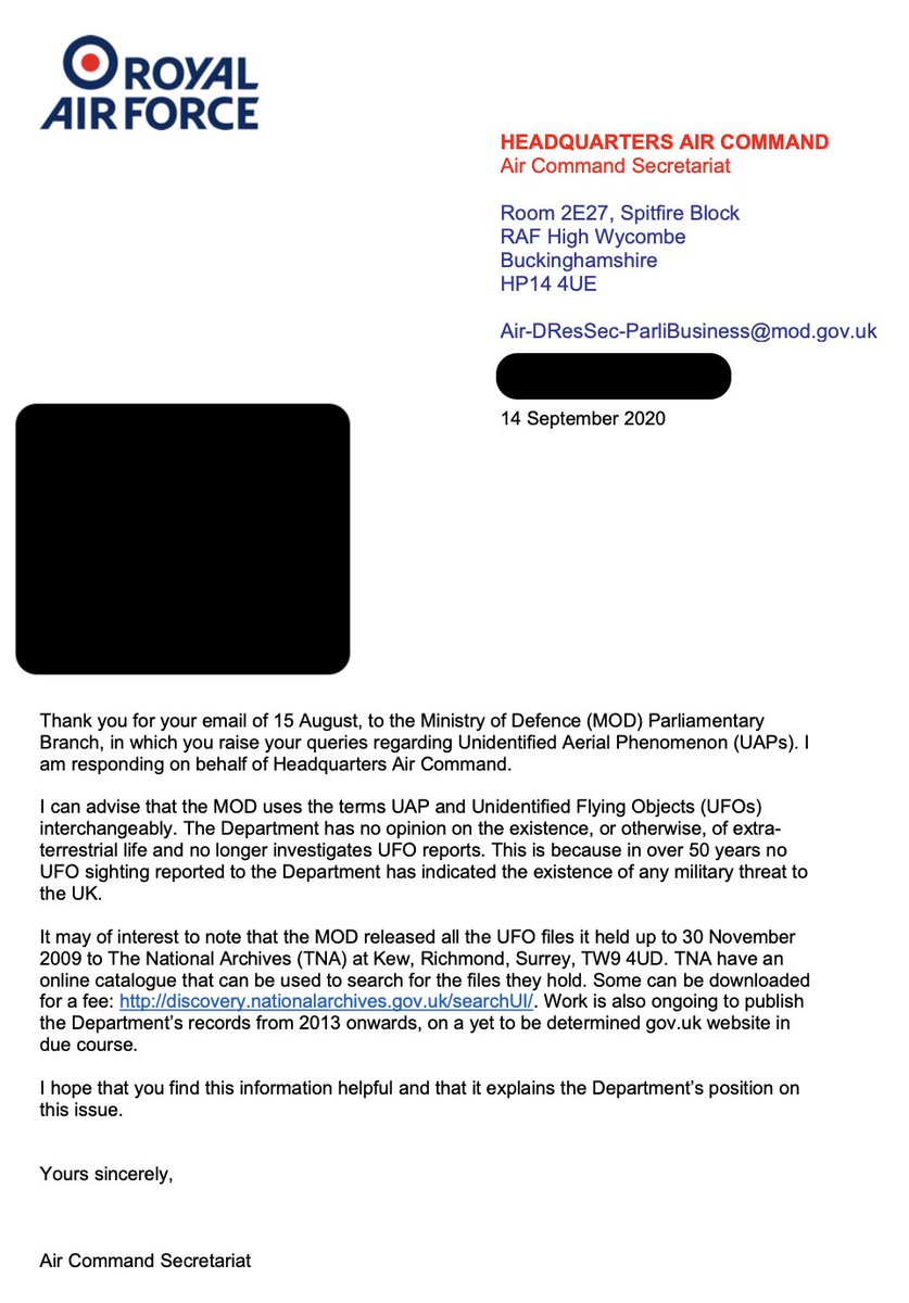 TheZignal's tweet image. Got a response from @RoyalAirForce about the recent #UAPTaskForce news. 

Their reason for not investigating anymore? “In over 50 years, no UK sighting reported to the Department has indicated the existence of any military threat to the UK.” 

#UAPTF #UAP #UFO #UFOs #UFOTwitter