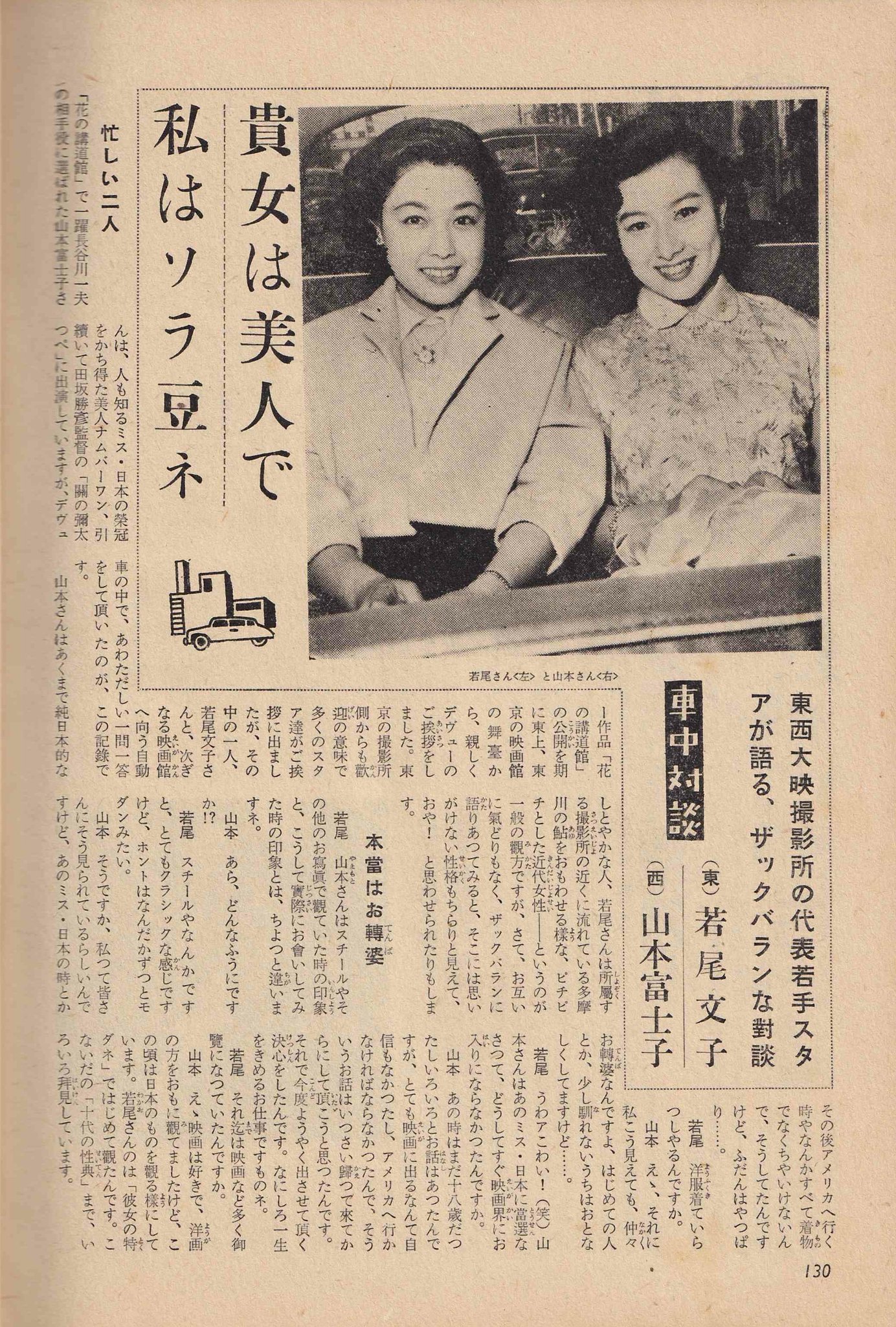 島倉千代菊 Auf Twitter 映画ファン 昭和28年7月号 貴女は美人で私はソラ豆ネ 東西大映撮影所の代表若手スタア 若尾文子さん 山本富士子さんによる車中対談 デビュー間もないお二人が日頃感じているあれこれ 将来の夢などについて楽しそうに語り合っています