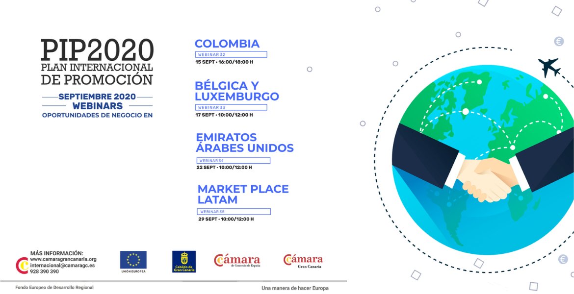 SPEGC's tweet photo. ¿Quieres salir al exterior con tu empresa? No te puedes perder los próximos webinars #PIP2020 de la @CamaraGCanaria para conocer las oportunidades de negocio en:
📍 Colombia
📍 Bélgica y Luxemburgo
📍 Emiratos Árabes Unidos
📍 Marketplace Latam
https://t.co/m2aMMETXRH https://t.co/feuevNDVJ2