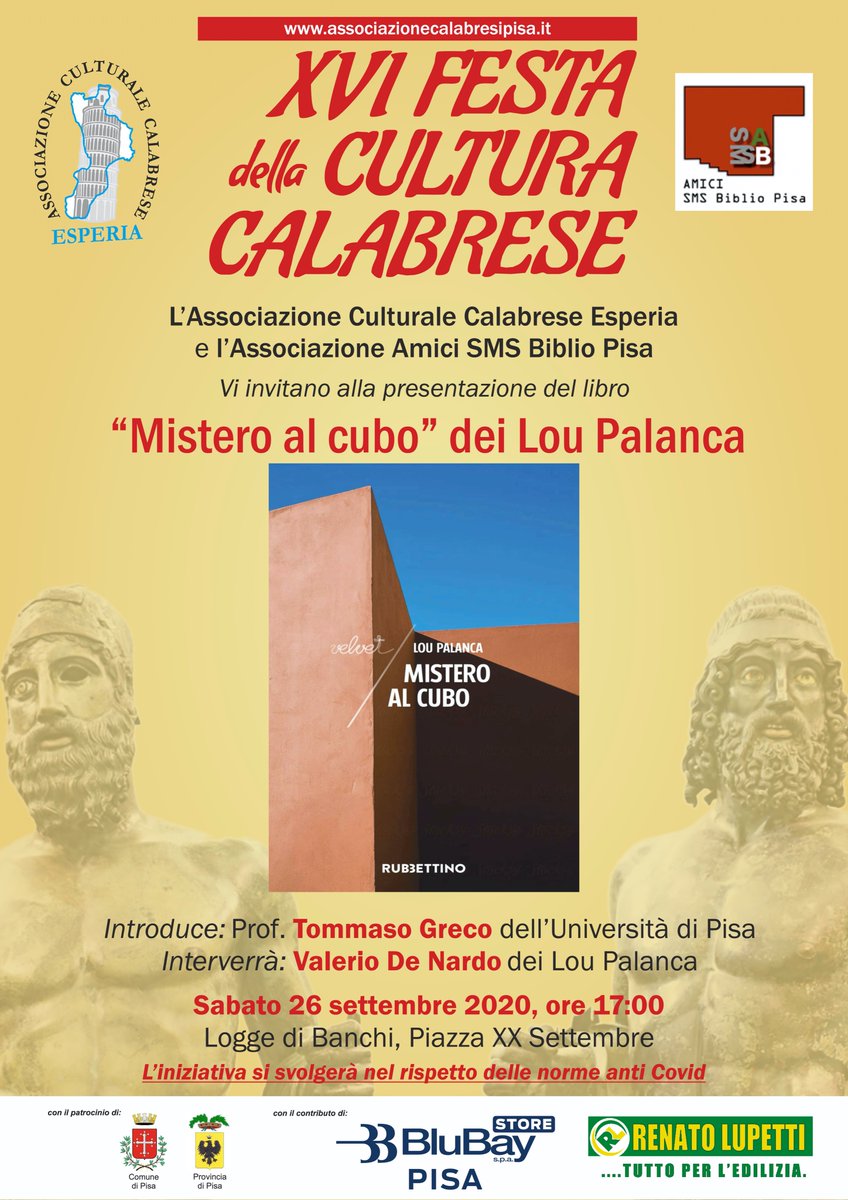 Amici SMS Biblio Pisa e Esperia - Associazione Culturale presentano:
' Mistero al cubo' del LOU Palanca
Introduce Tommaso Greco - UniPi
Interviene Valerio De Nardo 
 
Nel rispetto delle norme anti-covid
 
Sabato 26 9 2020 - h 17,00
Logge dei Banchi , Piazza XX settembre, Pisa
