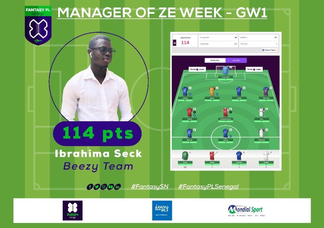 FantasySenegal's tweet photo. Notre Manager Of Ze Week est Ibrahima Seck avec un total de 114 points.
Il remporte un maillot floqué offert par notre partenaire @Mondialsport2 et sera l'invité du prochain numéro de "Fantasy PL Sénégal" sur @iradio vendredi prochain.
#FantasyPL #FantasyPLSenegal #FantasySN https://t.co/5YjheQNmb5