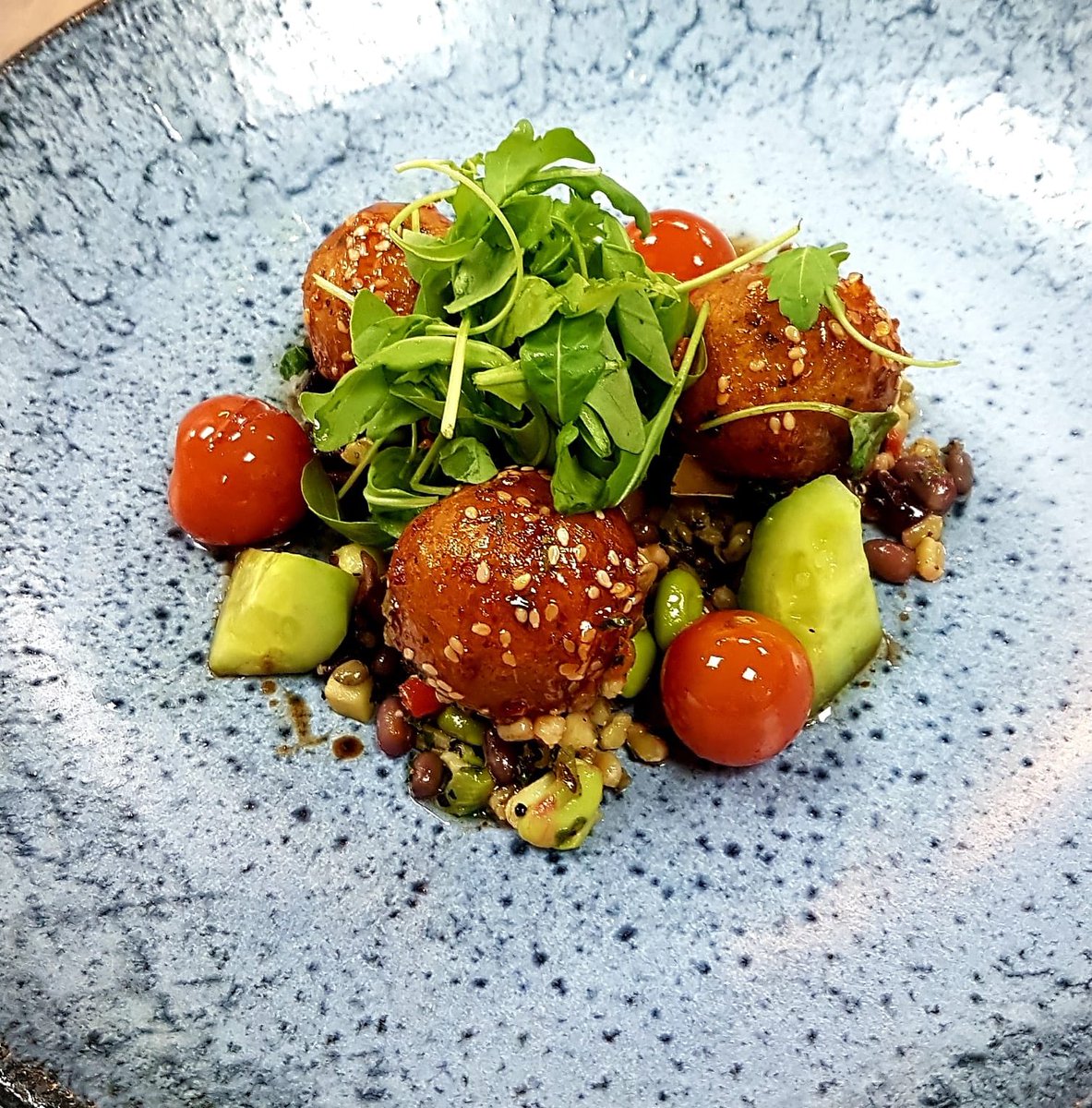 Black Forest roulade...
Sesame, spinach and sweet potato falafel...