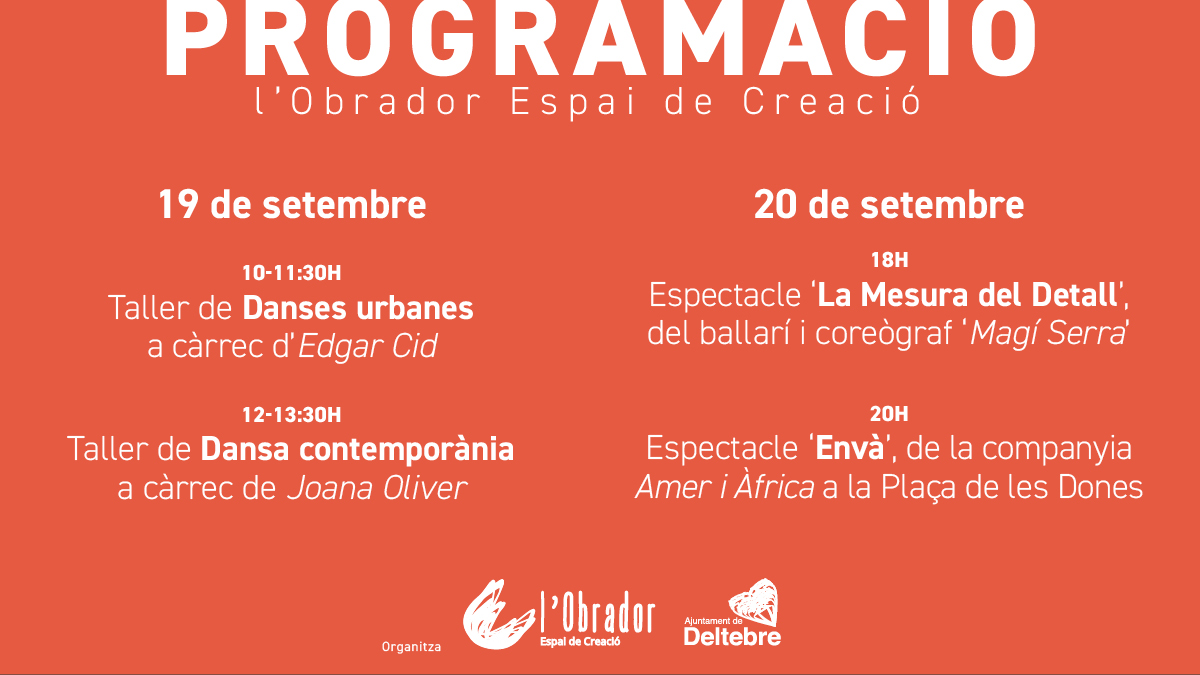 EspailObrador's tweet photo. 📣Atenció! Teniu plans pel cap de setmana? A l'#EspailObrador iniciem la programació els dies 19 i 20 de setembre. Us esperem!

👉Més info i reserva prèvia de places a https://t.co/bCdmVpLgT9 

#DeltadelEbre #dansa #circ #workshop #danza #circo #dansacontemporània #dansesurbanes https://t.co/LDHMpyYaSn