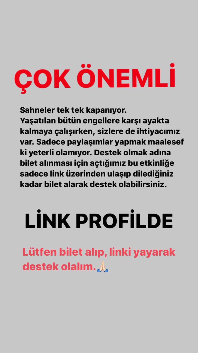 Lütfen destek amaçlı linkten bilet alrak sahnemizi ayakta tutmamıza yardımcı olun 🙏🏻  #TiyatromuzYasasin #destek #sahnemizkapanmasın <a href="/ist_tiyatrolari/">İstanbul Tiyatroları</a> <a href="/tiyatro_yasasin/">Tiyatromuz Yaşasın İnisiyatifi</a> <a href="/TiyatroGazetesi/">Tiyatro Gazetesi</a>  biletino.com/e-9um