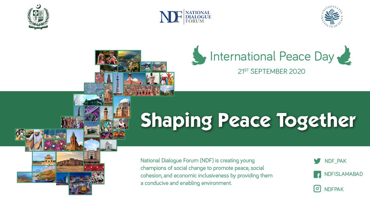 YPDC_PK's tweet photo. @NDF_Pak is celebrating #InternationalPeaceWeek from 17th to 21st September, 2020 in Islamabad. This year, the theme for International Peace Day is “Shaping Peace Together.”
Peace week celebration includes two exciting events
#PeaceDayChallenge #ShapingPeaceTogether https://t.co/Fc6S5BDBi1