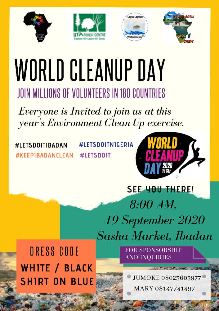 Join us at #wildlifeafrica,  #LagosLagoonWaterKepper as well take up the the Tasks of keeping our Environment clean and Health for all. The world Clean up  day is here, 
#CleanLagosLagoon
#WorldCleanUpDay2020
#WildlifeAfrica
#LagosLagoon
@Wildlife_A_CREW 
@LagWaterkeeper