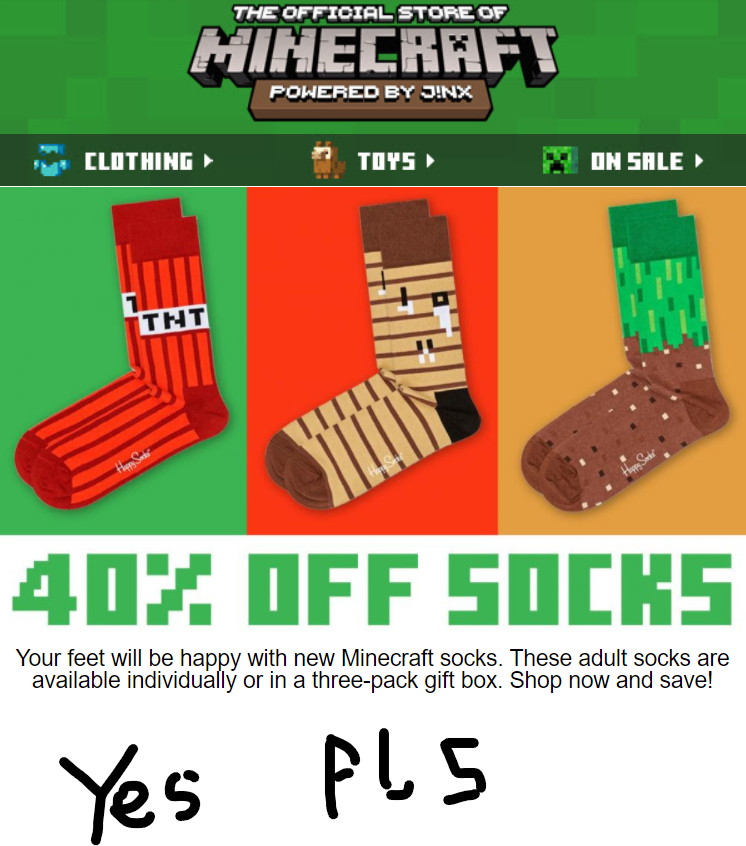 AshishX9's tweet photo. Your feet will be happy with new Minecraft socks. These adult socks are available individually or in a three-pack gift box. Shop now and save! https://t.co/BeUx4l0X2b
#Minecraft #MinecraftShop #MojangStudios #Sales https://t.co/VJbDTYcYpa