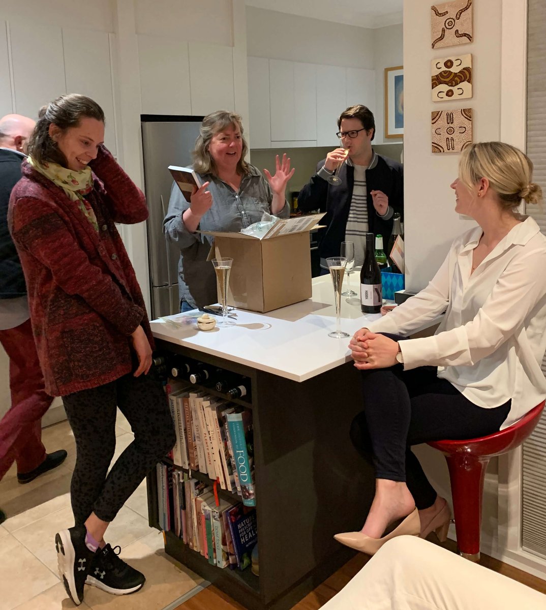 obiterpub's tweet photo. Family and friends on hand with champagne as Jane Downing opens a box of her just-published novel ‘The Sultan’s Daughter’. We now declare it launched! #BookBoost #ozlit #WritingCommunity https://t.co/xDvQkxSfwY