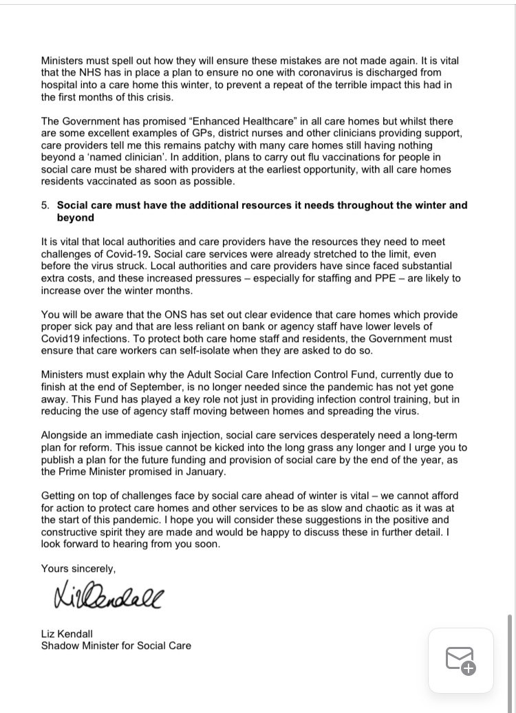 We can’t afford for action on social care to be as slow and chaotic as it was at the start of this pandemic. I hope Govt listens to these constructive proposals - and puts in place the changes social care users, families & staff need. See my full letter to  @MattHancock here 8/8
