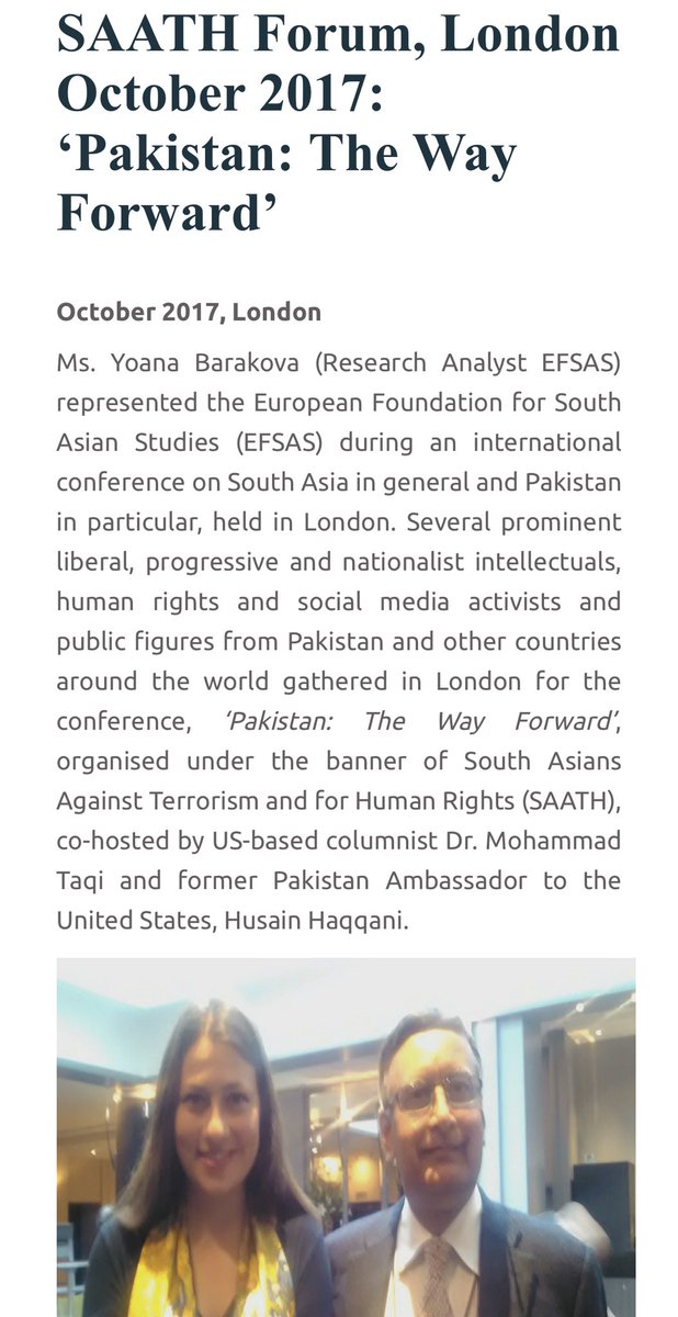 But who really is Yoana Barakova, the mysterious european woman standing next to Hussain Haqqani at 2nd session of SAATH FORUM in 2017?EFSAS says she’s just a “Research Analyst” but she’s suspected to have financed & arranged 1st SAATH Forum meet on behalf of EFSAS./50