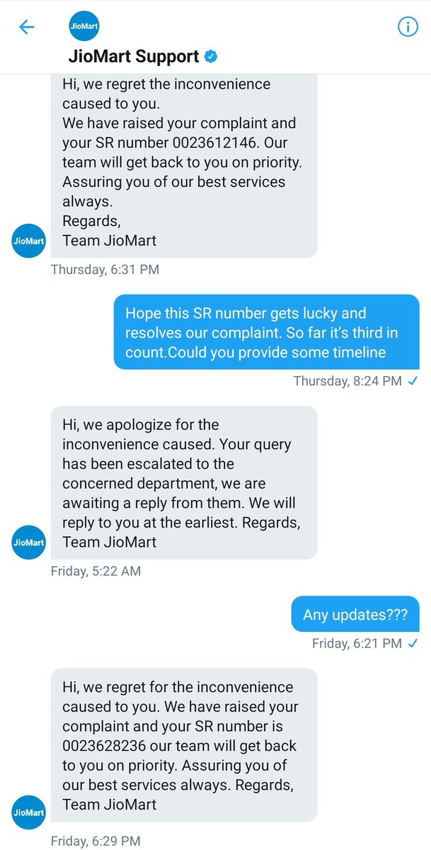 kkanikka's tweet photo. @JioMart_Support Really pissed off.
Have been trying to follow up since last 15 days for order return order but no response.
Every time I call I get a new SRN number and 48 hrs. But no response. With this kind of customer support I am not going to order again  jio.#backtoamazon https://t.co/rD3LwlvsHQ