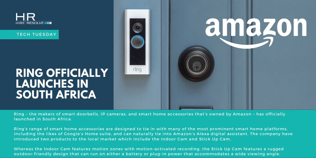 Hire_Resolve's tweet photo. #Amazon-owned company Ring has launched its indoor and outdoor smart home security cameras in #SouthAfrica — bringing new smart home devices to local customers. #TechTuesday #HireResolveZA https://t.co/AGNwxd2471