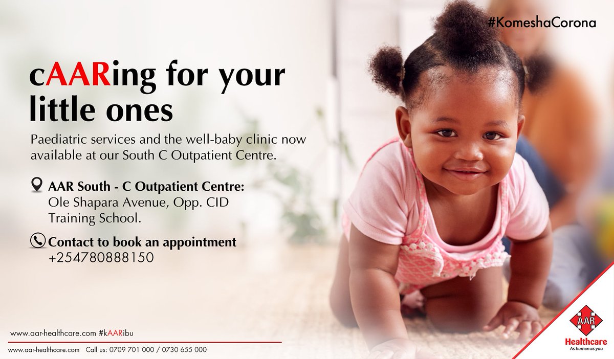 AAR_Healthcare's tweet photo. Monitoring your baby's growth and milestones ensures that your baby's health is well. Paediatric services and well-baby clinic now available at our South C outpatient center. kAARibu #calledtocAARe https://t.co/Zc6VuXzyCN