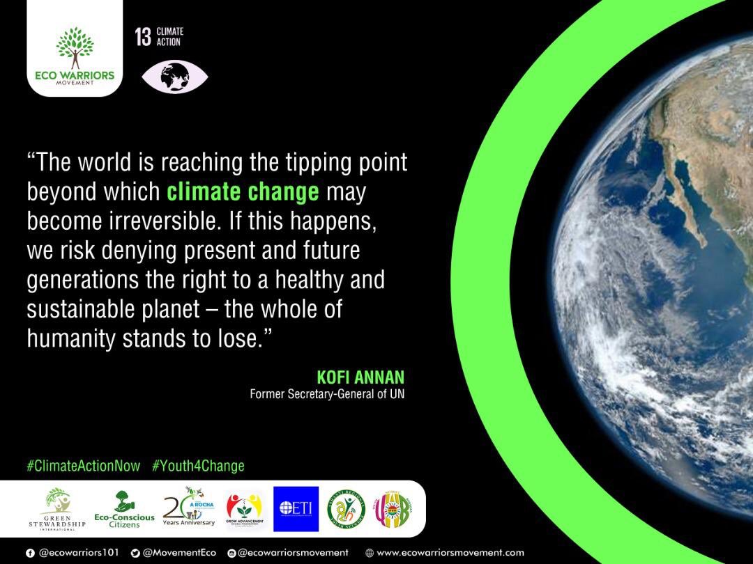 CLIMATE CHANGE CAMPAIGN DAY 2
The impacts of climate change are gradual.  It may not be glaring but its real. Unpredictable rainfall patterns affecting farming in Ghana is a typical example. We have to act now to protect posterity.

#ClimateActionNow
#Youth4Action
<a href="/MovementEco/">Eco Warriors Movement</a>