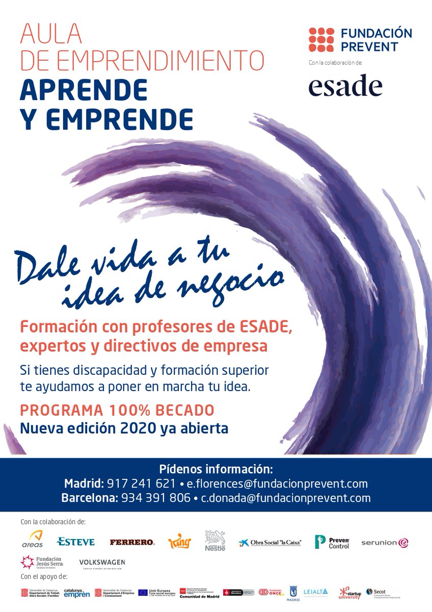 TScontigo's tweet photo. Programa formativo gratuito para emprendendimiento con #disCapacidad 20/21 de Esade y Fundación Prevent 🇪🇸
Más información del programa de esta aula de formación #gratis para #emprendedores con disCapacidad en https://t.co/gVdSQqp704 [consultar bases] https://t.co/D8pICuA45Q