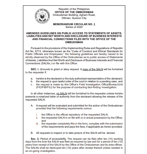 lianbuan's tweet photo. JUST IN: It's official – Office of the Ombudsman restricts public access to SALNS. In Memo Circular No. 1, S 2020, only the following will be granted access to SALN – the official, their authorized representative, via court order, or govt investigators @rapplerdotcom https://t.co/NvUzWIiDWj