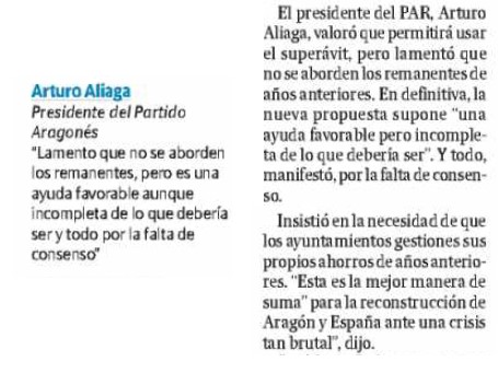 PARCortes's tweet photo. El Presidente del PAR, y Vicepresidente del Gobierno de Aragón, @ArturoAliaga_ , ha lamentado que el nuevo acuerdo tomado desde el Gobierno central no aborde el tema de los #remanentes de los ayuntamientos. Se trata de un acuerdo positivo, pero queda incompleto. https://t.co/FSYA1yxuXV