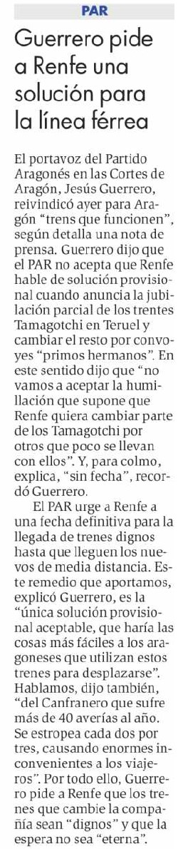 PARCortes's tweet photo. @Jesussguerrero (PAR) , reivindica para #Aragón "#trenes que funcionen". Guerrero ha dicho hoy q el PAR no acepta que #Renfe hable de solución provisional cuando anuncia la jubilación" parcial de los trenes Tamagotchi en #Teruel y cambiar el resto por convoyes "primos Hermanos". https://t.co/AsG8xwZgqD