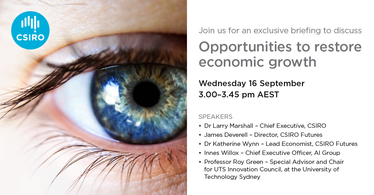 Data61news's tweet photo. Next week @CSIRO will launch a report highlighting opportunities for #science &amp; #technology to restore #economic growth. Hear insights from #industry &amp; economic experts who will be joined by @DrLarryMarshall. 

Save your spot here: https://t.co/5bogNyFMnp

#COVID19 #Coronavirus https://t.co/4tAWgtoLxx