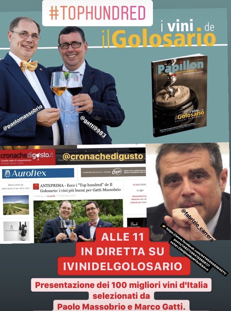 ilGolosarioVini's tweet photo. Alle 11 su #ivinidelgolosario ๐Presentazione dei 100 migliori vini d'Italia selezionati da @Massolon e @marcogatti23 . Conduce il direttore di @cronachedigusto Fabrizio Carrera #wine #tophundred #fuoriditop @Golosaria #golosariafieraonline #golosaria https://t.co/vFeqhQddmS
