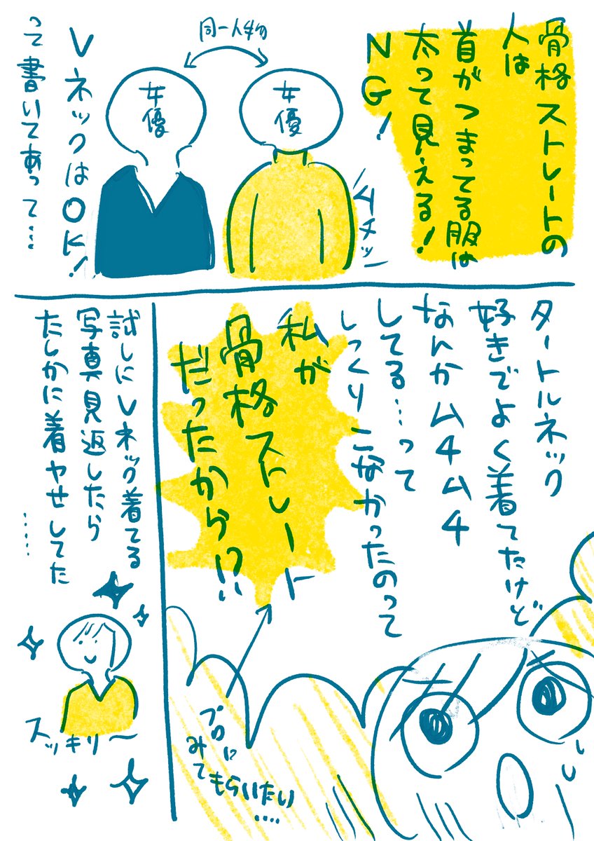 あまりに太って見えた服があって「骨格ってこういうことか・・・」と思った漫画。
骨格診断めっちゃいきたい〜
プロに見てもらいたい・・・
ちなみにこの時の服は棄てました。もう二度と見たくない
#コミックエッセイ
#漫画が読めるハッシュタグ