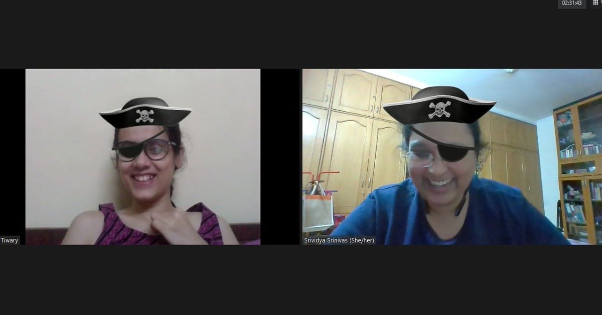 srividya88's tweet photo. When you have very serious work meetings till after midnight... What fun it is working with you, @KritiTewaree! Arr!
#zoomfilters #theatre #MondayNight #theschoollibraryproject #aakaara https://t.co/ppFQmJmm7X