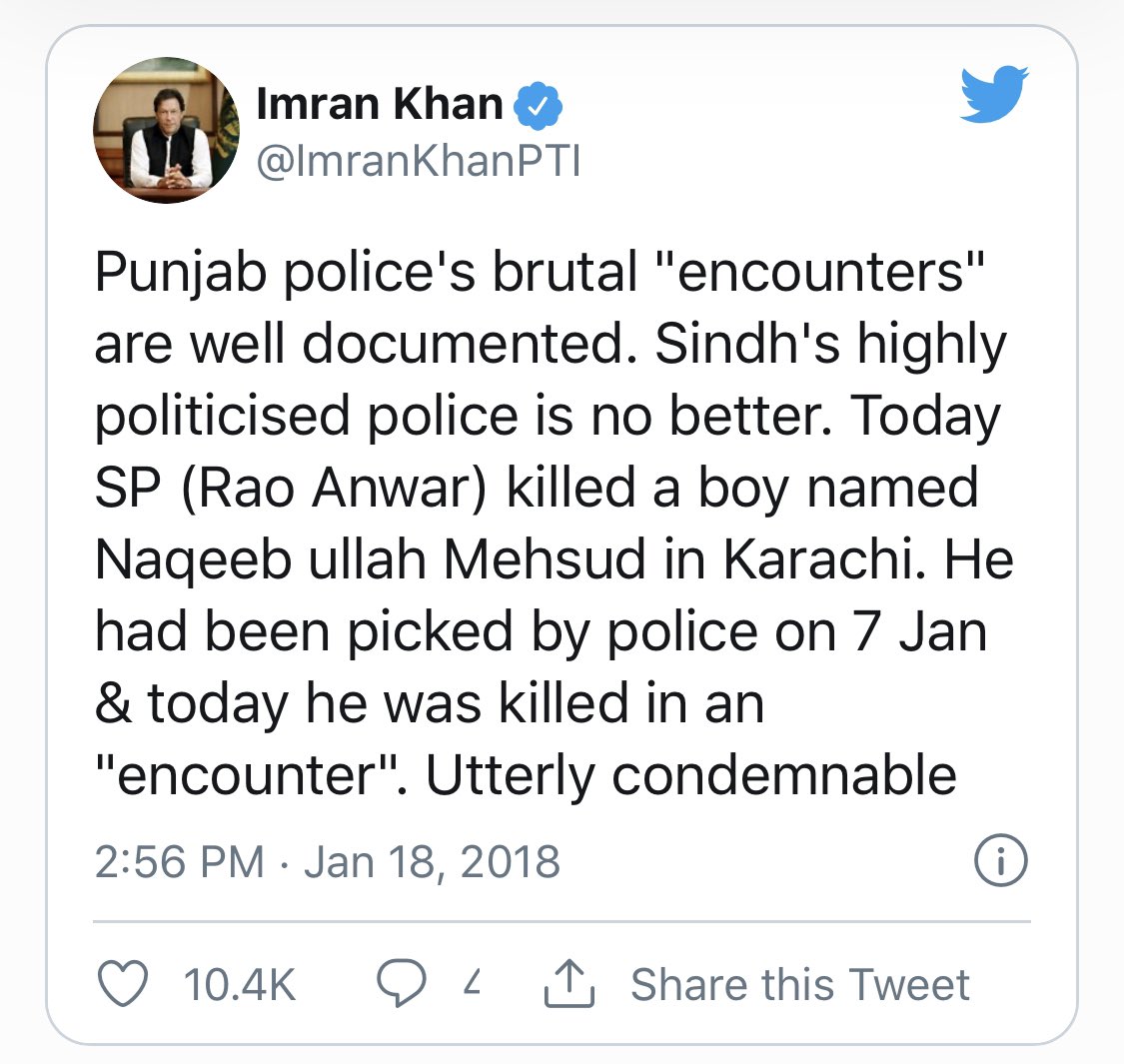 In Jan18, a notorious Sindh police officer Rao Anwar close to Asif Zardari arrested a young model Naqeebullah Mehsud in Karachi & killed him.Victim had a big online presence with tons of HD images which were exploited.All Pakistanis was hurt & offended at this injustice./82