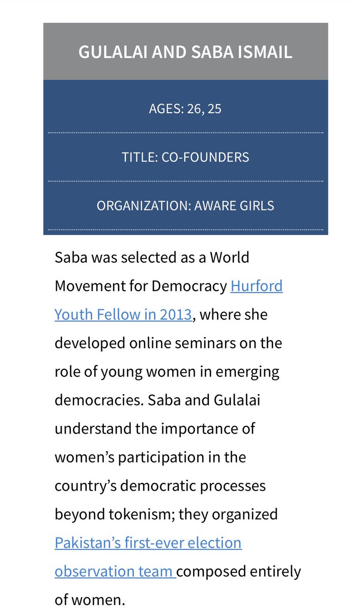 Gulalai Ismail has the distinction of having not one but two NED sponsored “activists” in her family.Her sister Saba Ismail is a NED Hudford Youth Fellow as well as the cofounder of Aware Girls & naturally she’s also a PTM leader & a member of SAATH Forum./91
