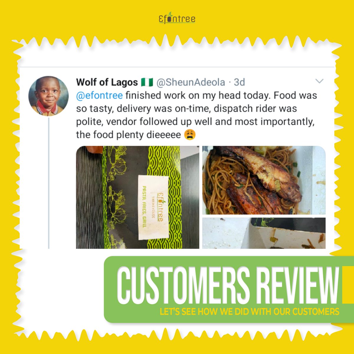 efontree's tweet photo. Reviews! Reviews!!
How are you still in doubts exactly? 🤔🧐
After a bowl of #efontree pasta, be sure to be singing like a bird to everyone who cares to listen😚😚💃 https://t.co/38mBcg5kjo
