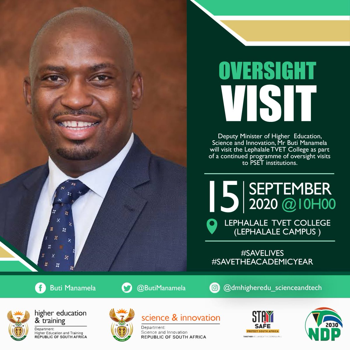 HigherEduGovZA's tweet photo. Deputy Minister @ButiManamela will this morning continue with his assessment and monitoring of the phased return of students to their respective campuses under lockdown level 2 at @LephalaleTVET #SaveLives #SaveTheAcademicYear https://t.co/SzeIsGIagz