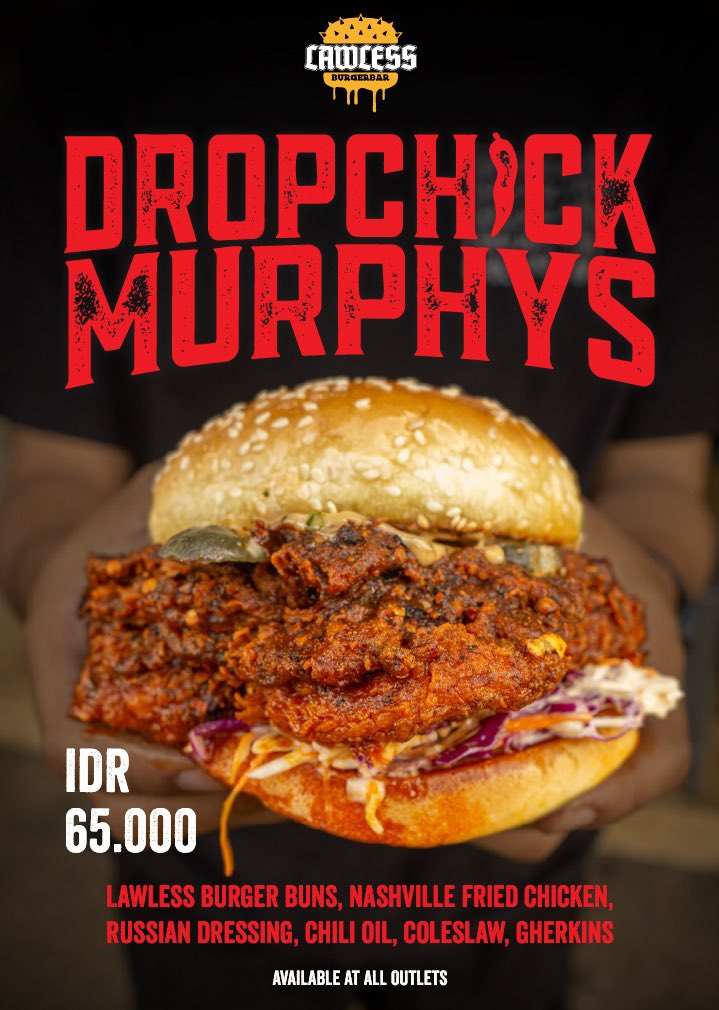 aparatmati's tweet photo. menu spesial bulan ini di Lawless Burgerbar: Dropchick Murphys! Nashville fried chicken, Russian dressing, chili oil, coleslaw &amp; gherkins. pedasnya lumayan nih buat gue yang nggak biasa makan pedas. tersedia via delivery &amp; take away di semua outlet Lawless Burgerbar. suka pedas? https://t.co/H6B9dIwnMs