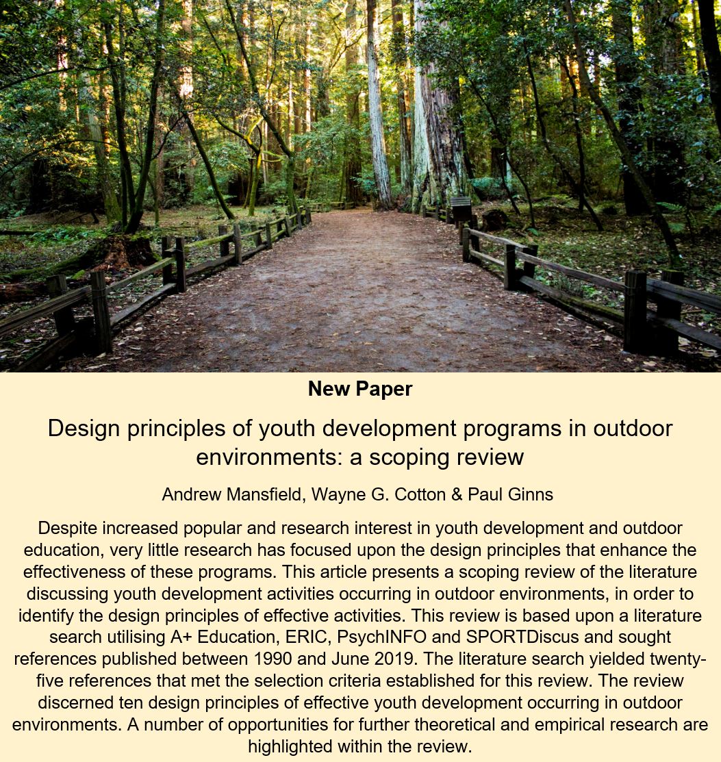 JournalofOEE's tweet photo. 📣 New paper 📣

Design principles of youth development programs in outdoor environments: a scoping review

By @asmansfield, @Wayne_Cotton &amp; Paul Ginns 

Available here: https://t.co/Yg9RLoN7Pz

#YouthDevelopment #ScopingReview #JOEE https://t.co/G4oIcgrsQj