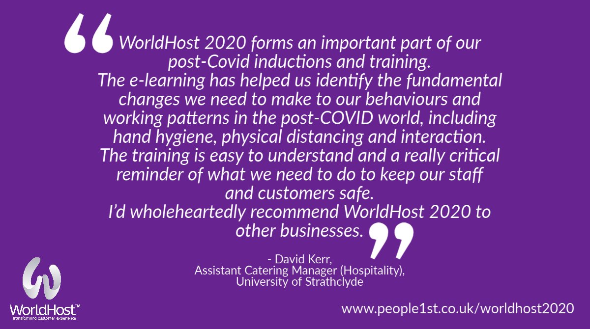 p1stgroup's tweet photo. #WorldHost2020 has received some fantastic feedback from businesses using the e-learning to empower their staff to keep customers & colleagues safe & build consumer confidence beyond #Covid.
Huge thanks to @StrathNourish @UniStrathclyde for sharing their views on the programme: https://t.co/cJhuT5J29f