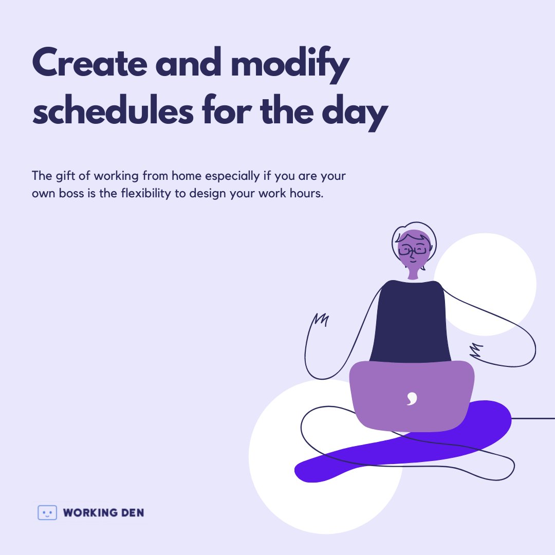 WorkingDen's tweet image. Yes, the flexibility working from home brings is a perk! But remember to stick to a schedule or routine to ensure you&apos;re completing tasks efficiently when #WFH.

#employeetips #wfh #wfhtips #remoteworker #healthyenvironment #sticktoaschedule #employeewellness