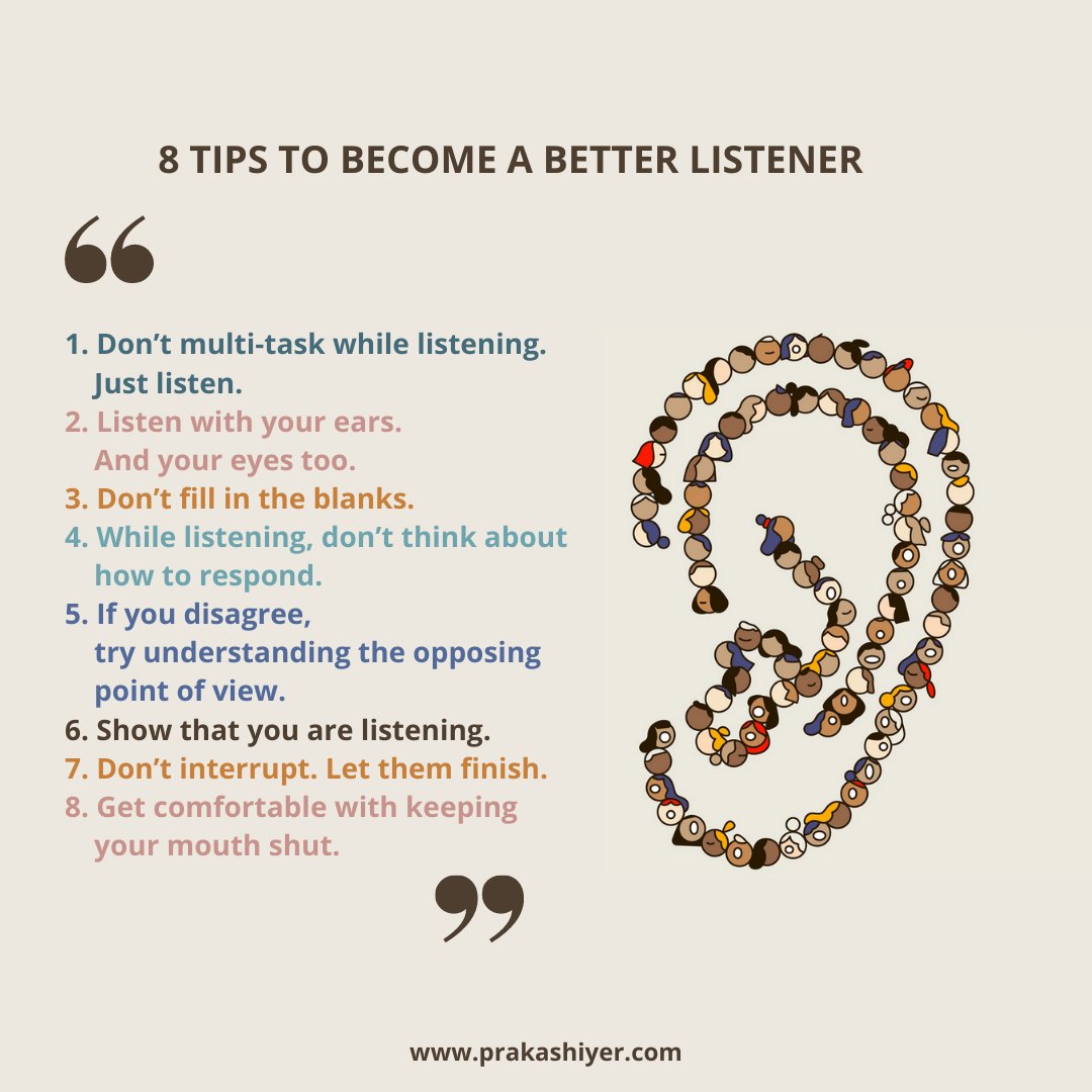 Speaking skills are over-rated. The true meta-skill is listening. How good a listener are you? No matter what your answer, I think we can all get better at listening. Here then is my list of things to do to become a better listener. A thread. 1/10