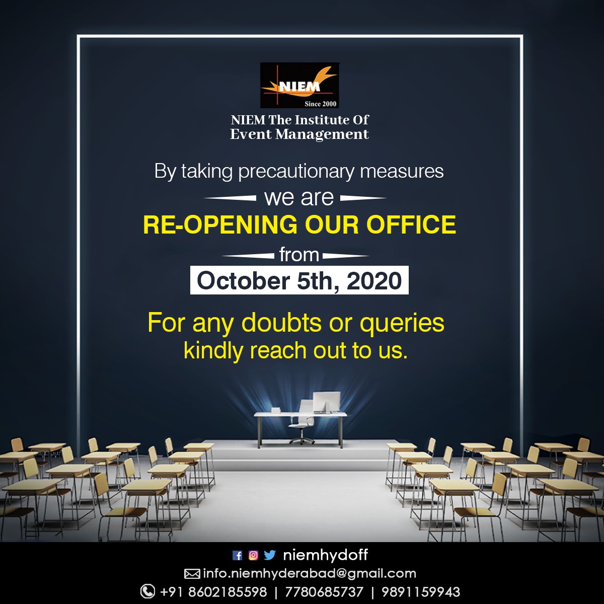 niemhydoff's tweet photo. By taking precautionary measures we are re-opening our office from 5th October 2020.
For any doubts and queries, kindly reach out to us.
Online Admissions Open 2020-21.
Contact Us: 8602185598, 7780685737, 9891159943
#reopeningouroffice  #5thOctober2020 #doubts #queries #reachus https://t.co/tO8qXiiV5Q