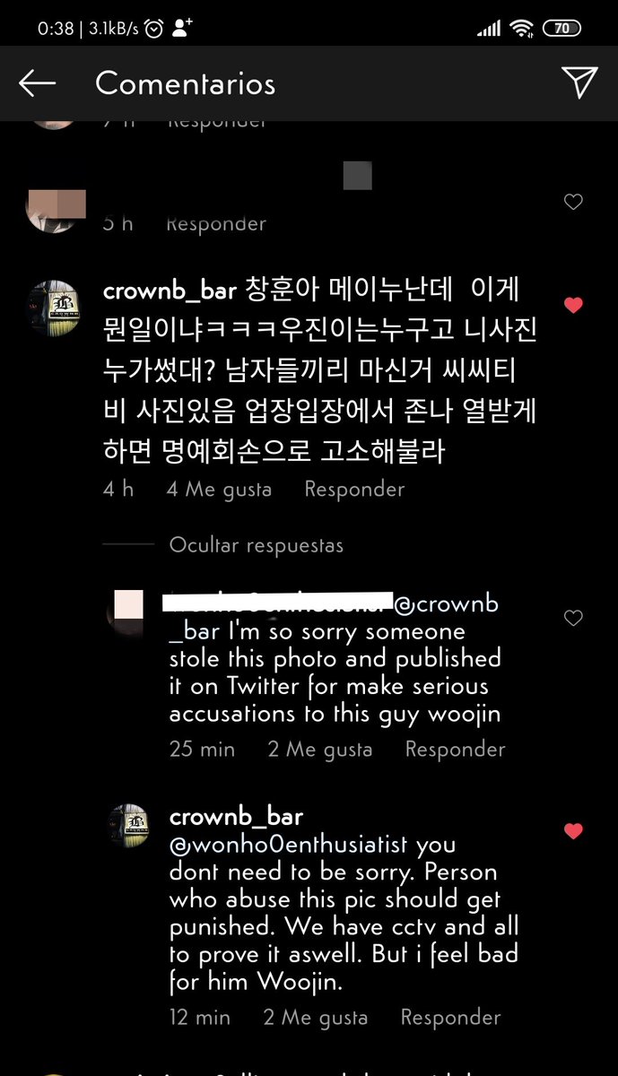 Today, Sept. 16 (KST), about 4hrs ago, owner of CrownB's Bar posted a comment in the IG user's stolen photo that was used as alleged proof by  @Qp1qsOkw2xQY0IK.Thanks to @/rarararaluvsong for sharing it and translating.