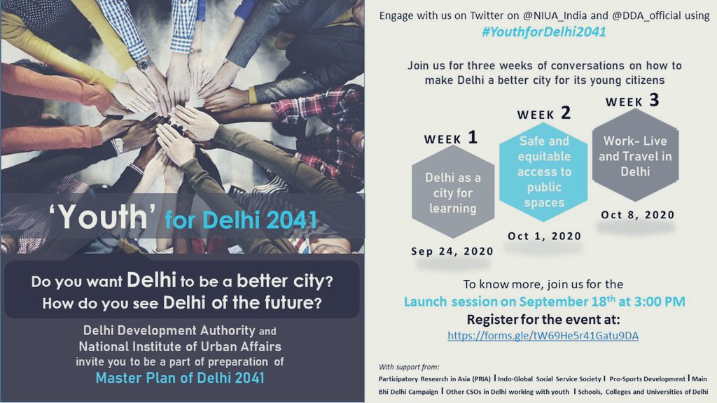 Do you want Delhi to be a better city? 

How do you see Delhi of the Future? 

DDA in association with NIUA is calling out youth to participate as an important stakeholder in preparation of Master Plan of Delhi-2041.

Register here: forms.gle/tW69He5r41Gatu…

#YouthforDelhi2041