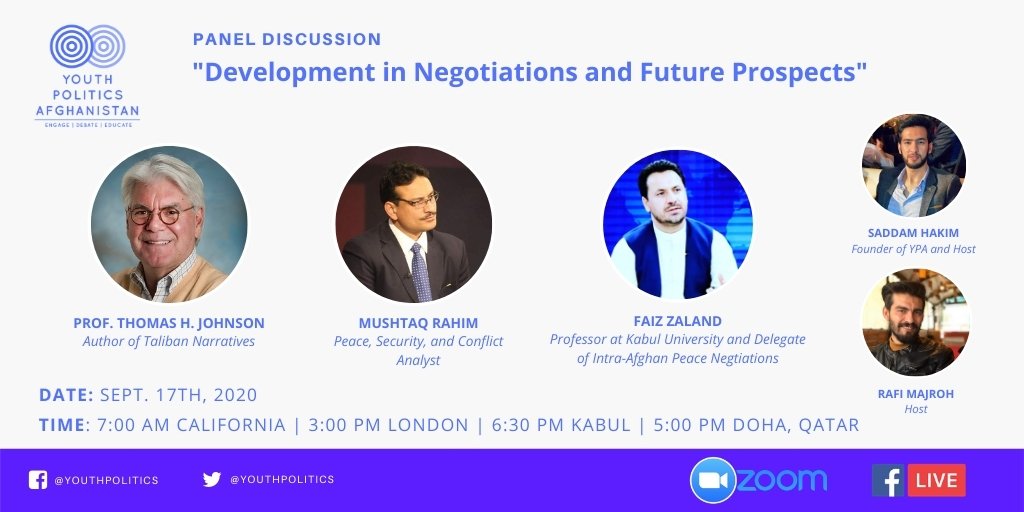 This session will be conducted in Dari and Pashto. Please write your questions and we will ask our panelists with your names. 
@zalandfaizm @ThJohnsonNPS @mushtaq_rahim . 
We are looking forward to it. 
#Afghanistan 
#Peace 
#Doha 
#IntraAfghanTalks