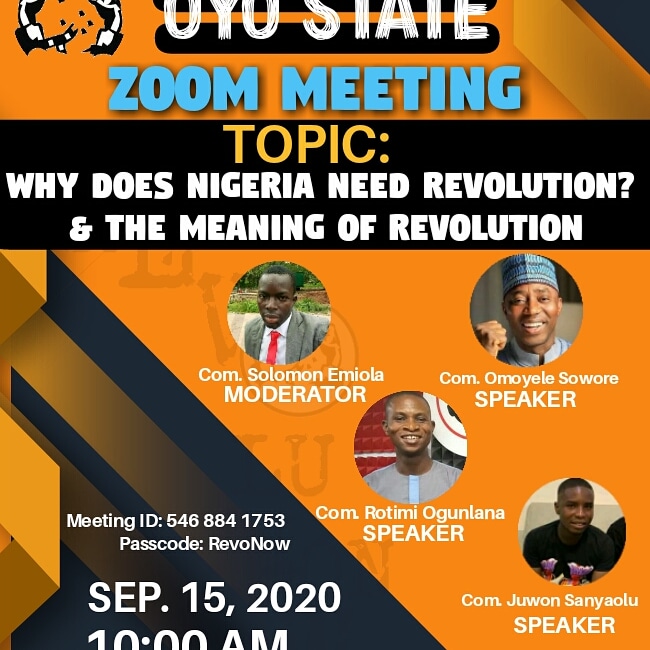 OyoState4's tweet photo. Join us today,  September 15th, for an explosive interview with @sowore and @ogunlana_rotimi on the need for a revolution in Nigeria. #RevolutionNow @aacparty https://t.co/m70dYKXGxy