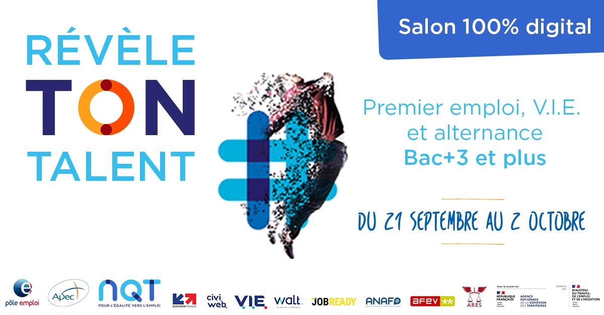 [ 📣SALON #RECRUTEMENT : Révèle ton Talent ! 🚀 : un salon 💯 % en ligne pour faciliter l'entrée dans la vie professionnelle 🔵#ObjectifPremierEmploi, 🔵#VIE et 🔵#alternance 
👉Inscriptions bit.ly/2FAwyiA
👉 avec @pole_emploi <a href="/NQTasso/">NQT</a>  <a href="/Apecfr/">Apec.fr</a>  ... #1Jeune1Solution