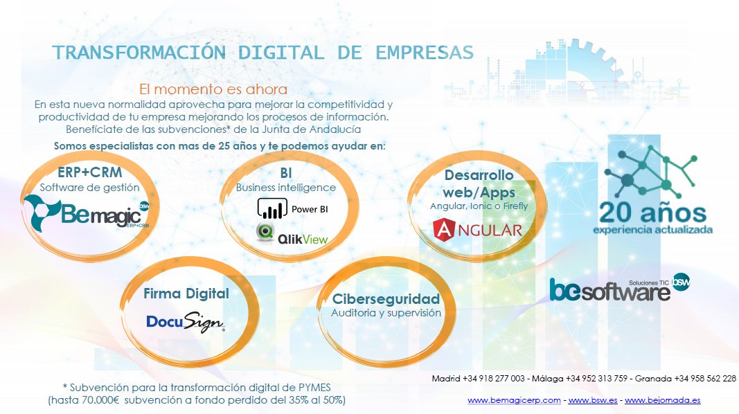 BesoftwareBSW's tweet image. La Junta de Andalucía ha aprobado unas ayudas para la digitalización de las empresas de 70.000€. 
En @BesoftwareBSW podemos ayudarte a ello, contacta con nosotros a info@bsw.es 📧 y te informaremos.