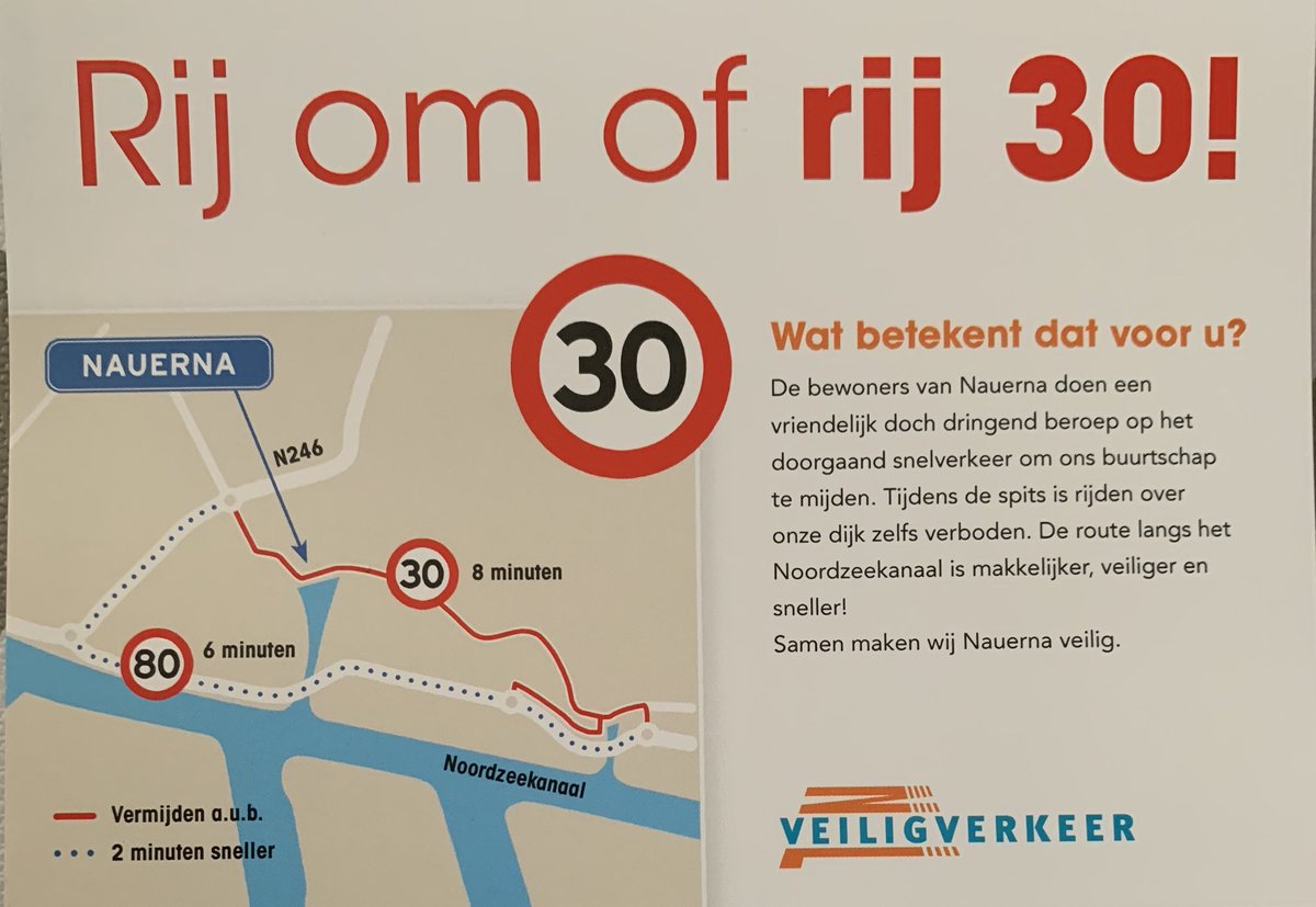 Samen met bewoners van Nauerna, Veilig Verkeer Nederland, politie,gemeente Zaanstad vanmorgen vroeg actie gehouden “Rij om of rij 30”. Om sluipverkeer tegen te gaan en waar dat moet 30 km  p/u te rijden. #verkeer #gedragsverandering <a href="/GemZaanstad/">Gemeente Zaanstad</a> @POL_Zaanstreek <a href="/SlegersGerard/">Gerard Slegers</a>