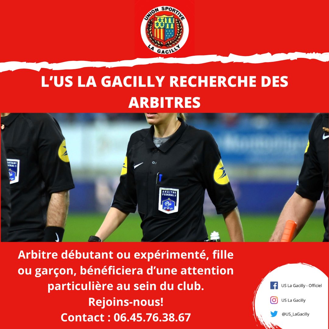 L’USG souhaite étoffer son groupe d’arbitres officiels.
Que tu sois déjà officiel et à la recherche d’un club, tu seras le bienvenu! 
Novice, le club prendra en charge le coût de la formation avec bien sûr les tenues offertes et un accompagnement du club.
Rejoins-nous! 🔴⚪️