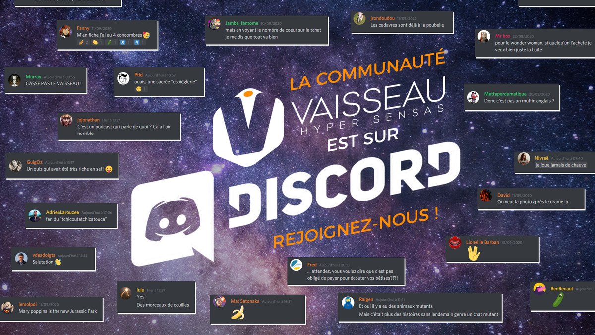 Écouter nos émissions c'est super, mais pouvoir discuter, de ça ou de tout autre chose, débattre, faire des jeux, montrer sa mauvaise foi et même utiliser des émojis, c'est mieux !

Venez donc nous rejoindre dans le Vaisseau ! 🚀🥒🔥🎧
>>> discord.gg/CYWJBYc