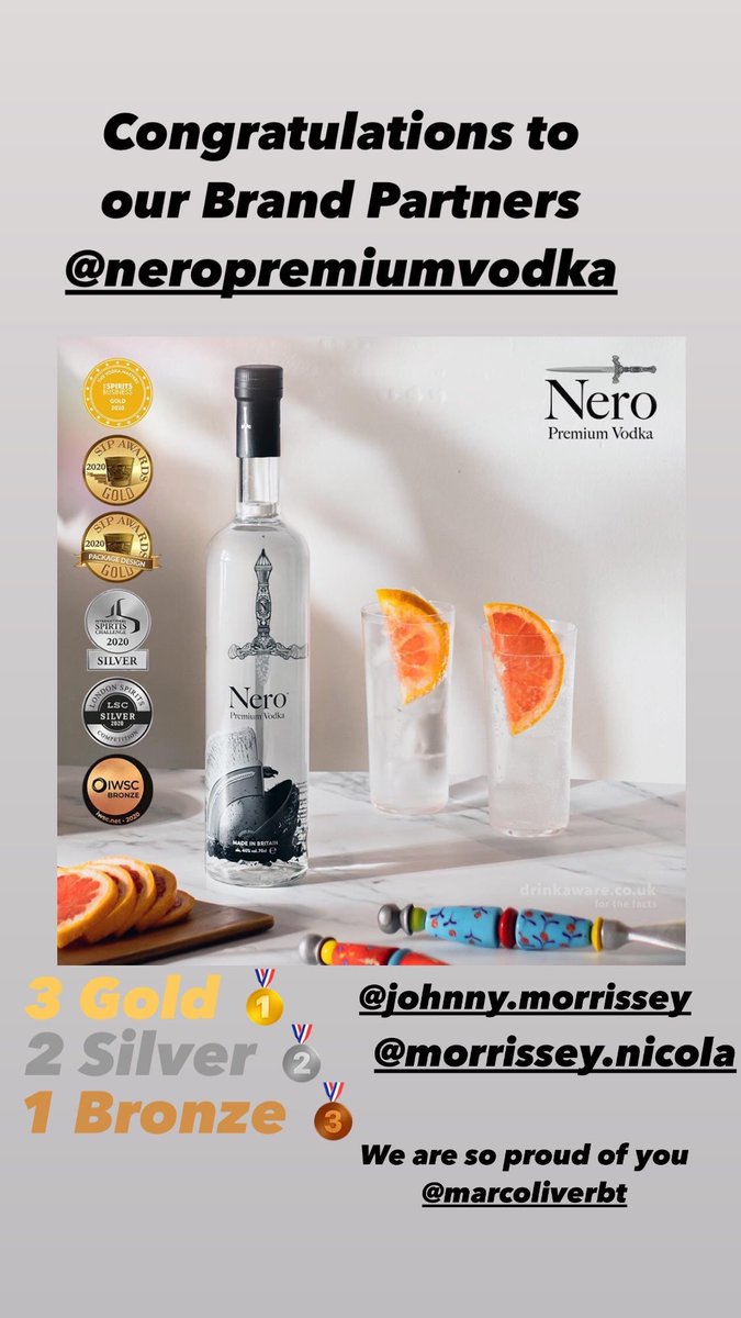 MarcOliverBT's tweet photo. Congratulations
To our Brand Partners
Nero Premium Vodka
@NeroVodka @JM_nerovodka
Winner’s of 6 Major Spirit Awards 3🥇🥇🥇2 🥈 1 🏅
We are so proud of our association with such a great luxury brand #vodka #luxurylifestyle #sipawards #marcoliver https://t.co/SsGOzPwmMx