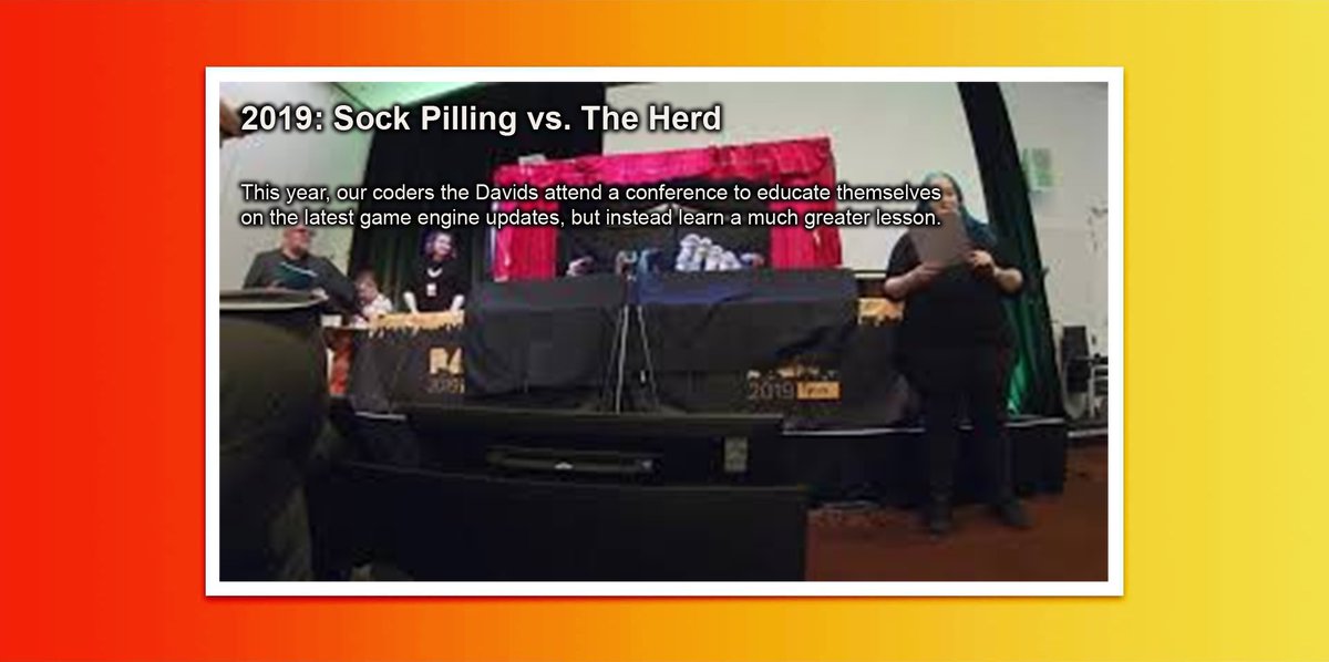 WithSockPuppets's tweet photo. 2019: Socks Pilling vs. The Herd
This year, our coders the Davids attend a conference to educate themselves on the latest game engine updates, but instead learn a much greater lesson.

https://t.co/Cas8HBUa4h https://t.co/I7MIoOZNaz