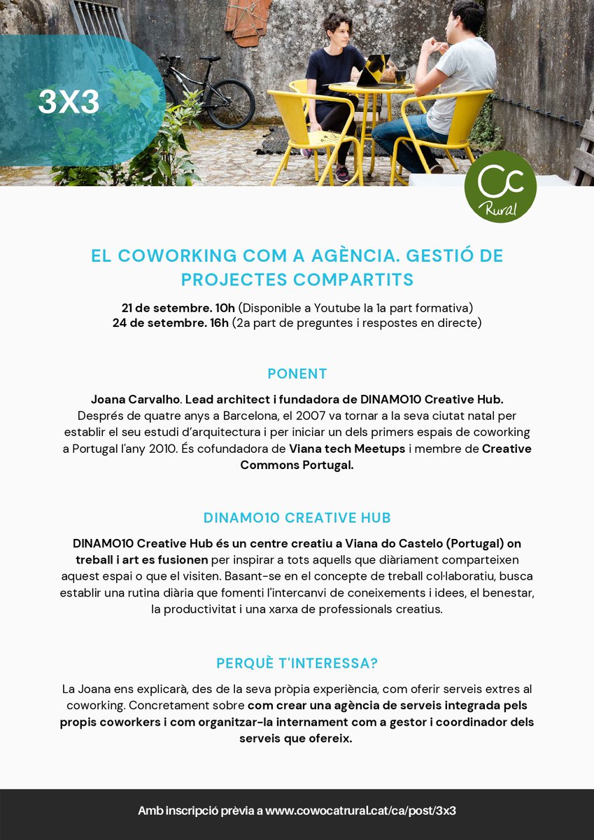 Primer torn dels webinars 3x3: "El coworking com a agència. Gestió de projectes compartits" a càrrec de Joana Carvalho de Dinamo10 (Viana do Castelo, Portugal)
El dia 21 penjarem sessió a Youtube, i el 24 de setembre sessió de Q&amp;A.
Inscripció: us02web.zoom.us/meeting/regist…