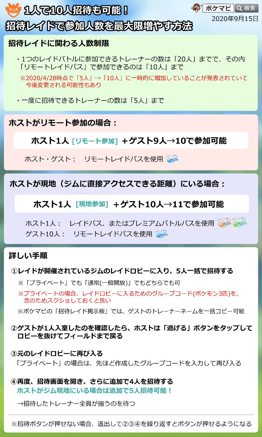 ポケモンgo攻略情報 ポケマピ 1人で10人招待も可能 招待レイドで人数を最大限増やす方法 一度に招待できるのは5人までですが 一括招待 再入場を駆使すると下記のような招待レイドも可能です ホスト1人 リモート ゲスト9人 10人 ホスト1人