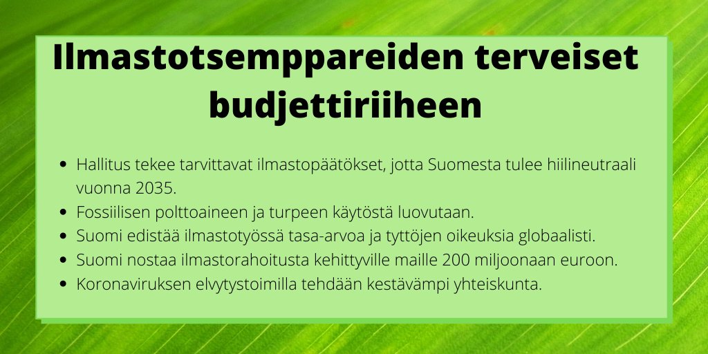 PlanTsempparit's tweet photo. Tsemppiä hallitukselle toisen päivän rutistukseen! Muistattehan huomioida päätöksissänne myös ilmastovaikutukset. #budjettiriihi #nytonpakko #ilmastokriisi #irtiturpeesta @plansuomi https://t.co/e01uMSPsdF